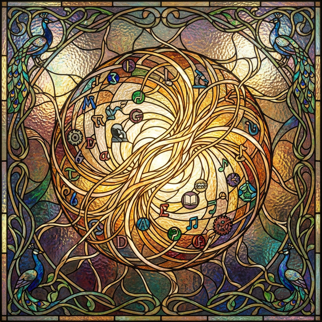 Attention — a stained-glass composition representing the Transformer attention mechanism