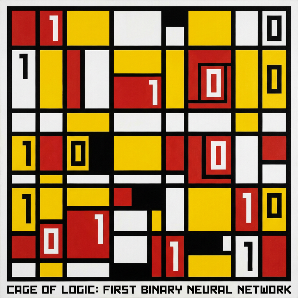 Logical Calculus — a Mondrian-style composition representing the first artificial neuron