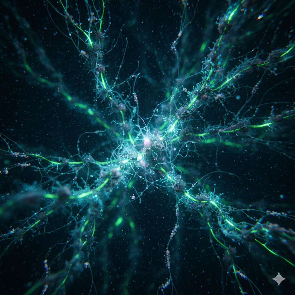 TCP/IP — a bioluminescent photograph evoking the global network as a nervous system